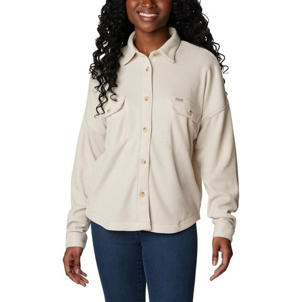 Columbia Holly Hideaway Waffle Shirt Women's Beige Button Long Sleeve - Large